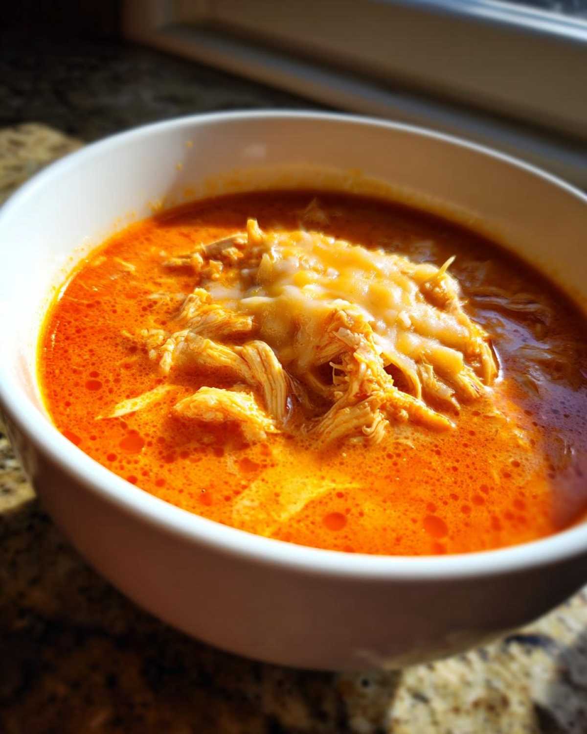 Close-up of a white bowl filled with rich, orange Instant Pot Creamy Chicken Enchilada Soup topped with shredded chicken and melted cheese.
