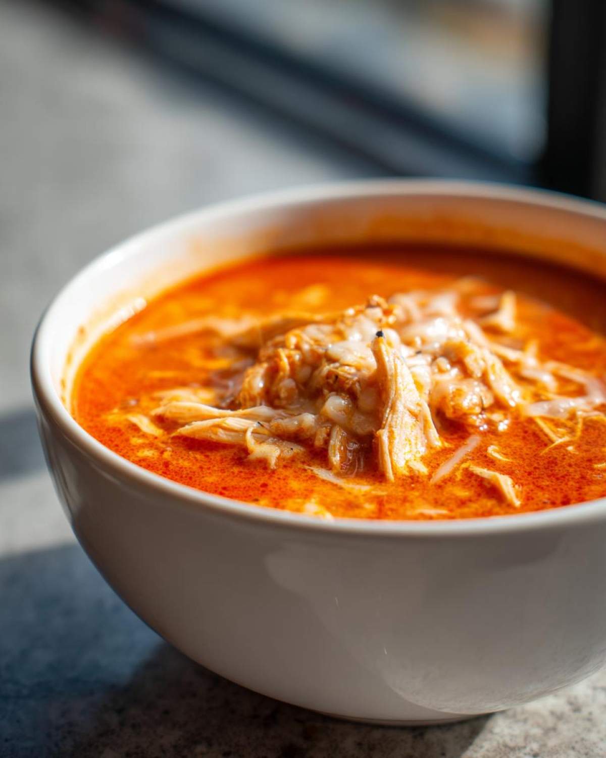 Close-up of a white bowl filled with rich, orange-red Instant Pot Creamy Chicken Enchilada Soup topped with shredded chicken and melted cheese.