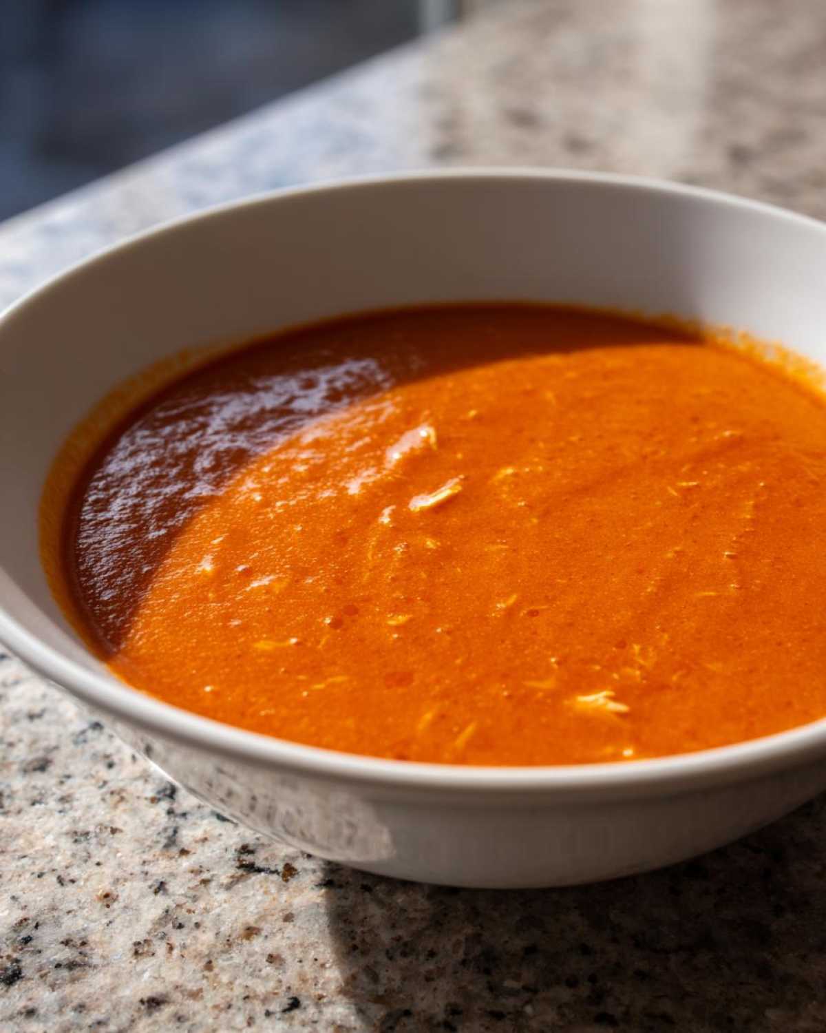 Close-up of a white bowl filled with rich, orange Instant Pot Creamy Chicken Enchilada Soup.