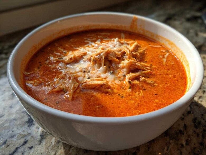 A close-up of a white bowl filled with rich, orange Instant Pot Creamy Chicken Enchilada Soup topped with shredded chicken and melted cheese.