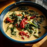 Close-up of Instant Pot Creamy Tuscan White Bean Soup topped with spinach and sun-dried tomatoes.