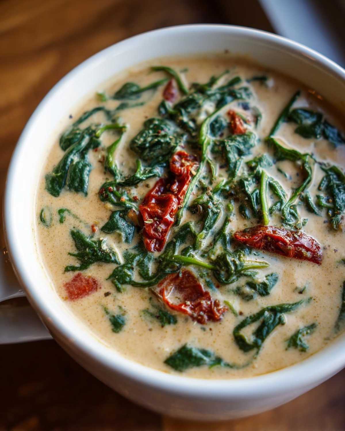 Close-up of a white bowl filled with Instant Pot Creamy Tuscan White Bean Soup, featuring spinach and sun-dried tomatoes.
