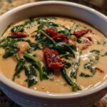 Close-up of a white bowl filled with Instant Pot Creamy Tuscan White Bean Soup, featuring spinach and sun-dried tomatoes.