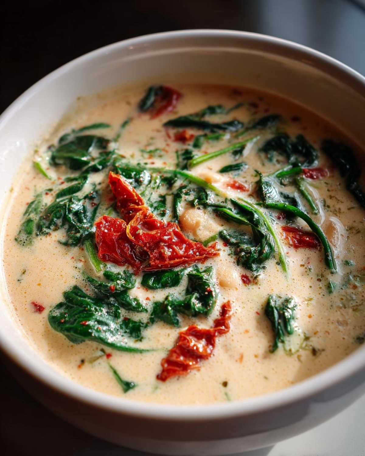 Close-up of a white bowl filled with Instant Pot Creamy Tuscan White Bean Soup, featuring spinach and sun-dried tomatoes.