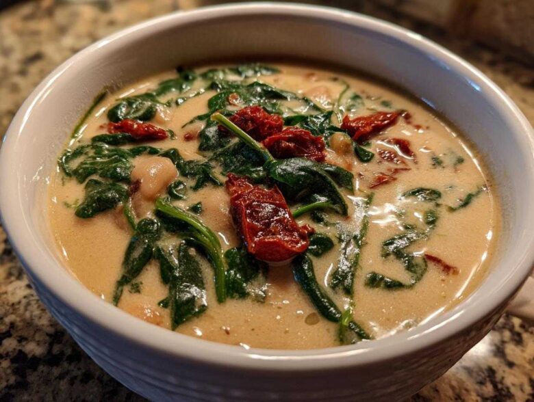 Close-up of a white bowl filled with Instant Pot Creamy Tuscan White Bean Soup, featuring spinach and sun-dried tomatoes.
