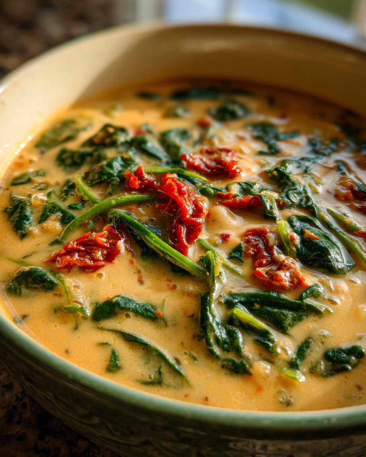 A close-up view of rich, creamy Instant Pot Creamy Tuscan White Bean Soup topped with wilted spinach and sun-dried tomatoes.