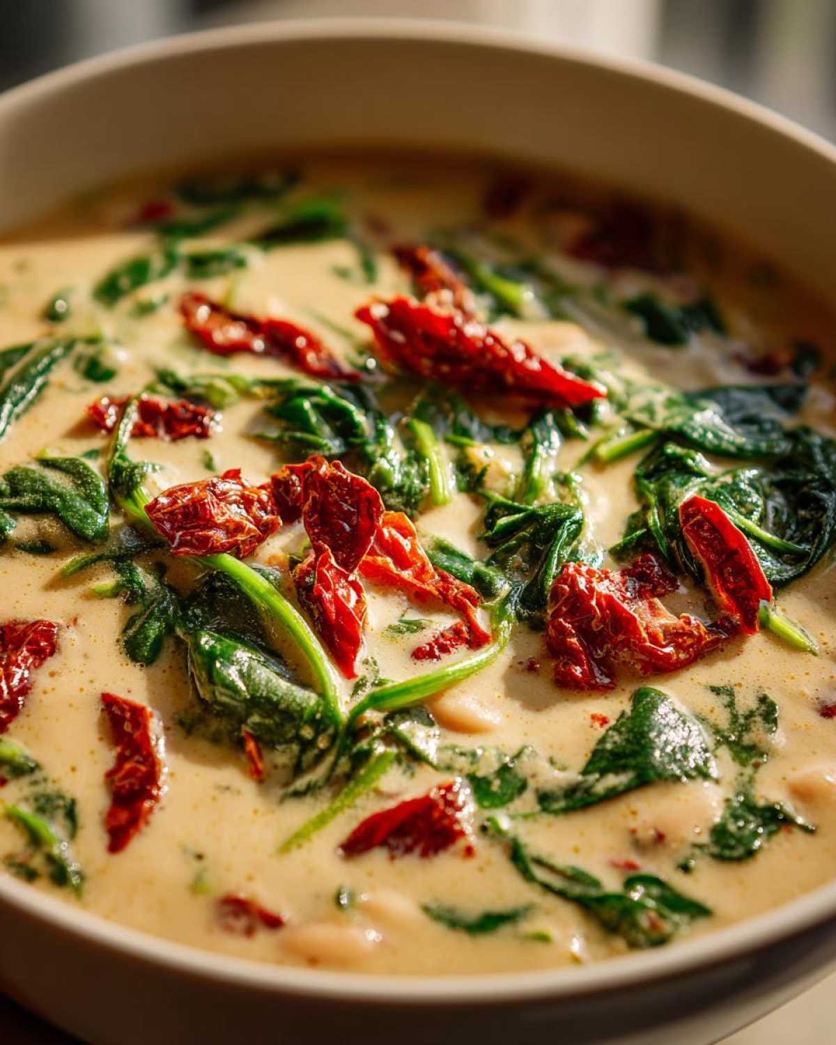 A close-up view of a bowl filled with Instant Pot Creamy Tuscan White Bean Soup, featuring white beans, wilted spinach, and sun-dried tomatoes.