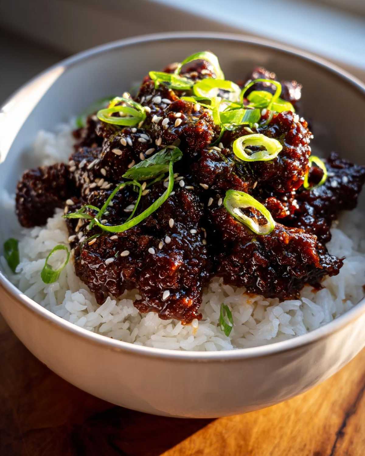 Close-up of saucy Instant Pot Korean Beef and Rice Bowls topped with sesame seeds and green onions.