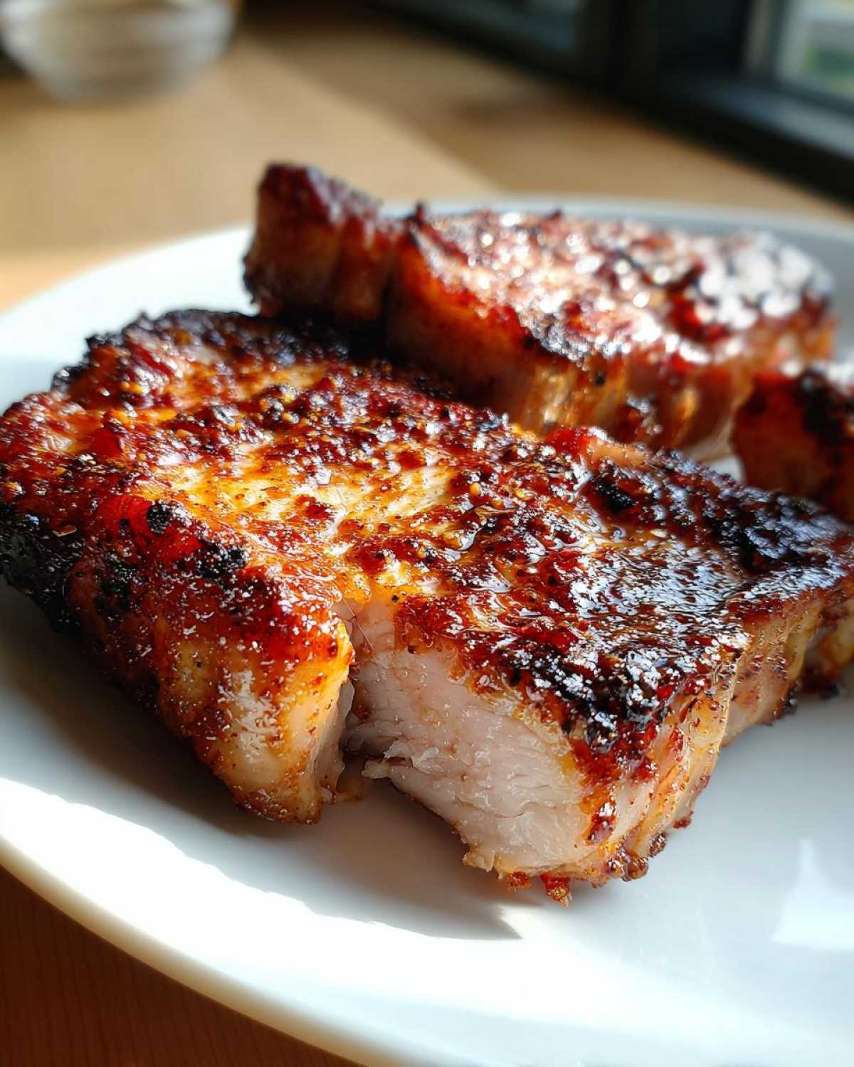 Close-up of a juicy, thick air fryer pork chop cut open to show the tender interior and caramelized, glazed exterior.