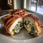 Close-up of bacon-wrapped stuffed chicken cut in half, showing creamy spinach filling inside the juicy Stuffed Chicken.