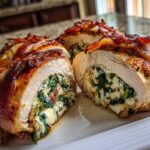 Cross-section view of bacon-wrapped Stuffed Chicken breasts filled with creamy spinach and cheese.