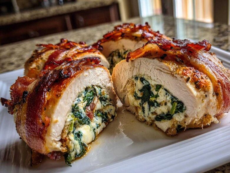 Cross-section view of bacon-wrapped Stuffed Chicken breasts filled with creamy spinach and cheese.