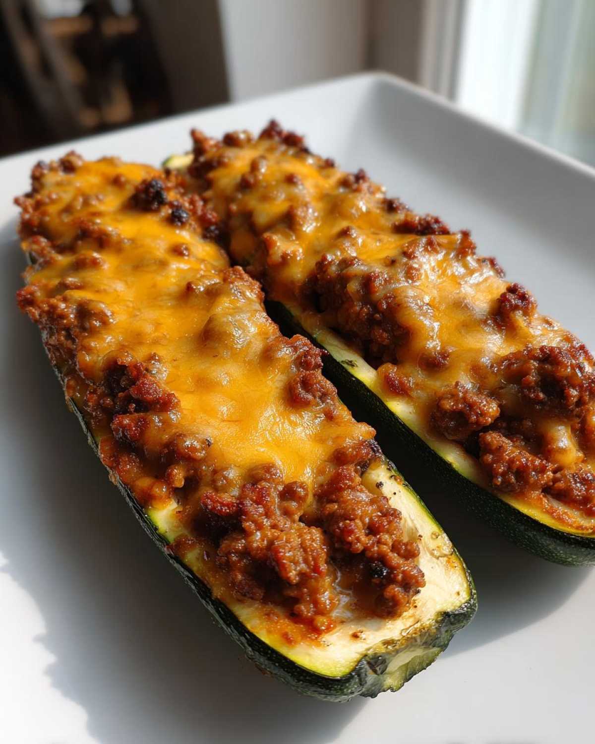 Two halves of Keto Cheesy Taco Stuffed Zucchini Boats topped with seasoned ground meat and melted cheddar cheese.