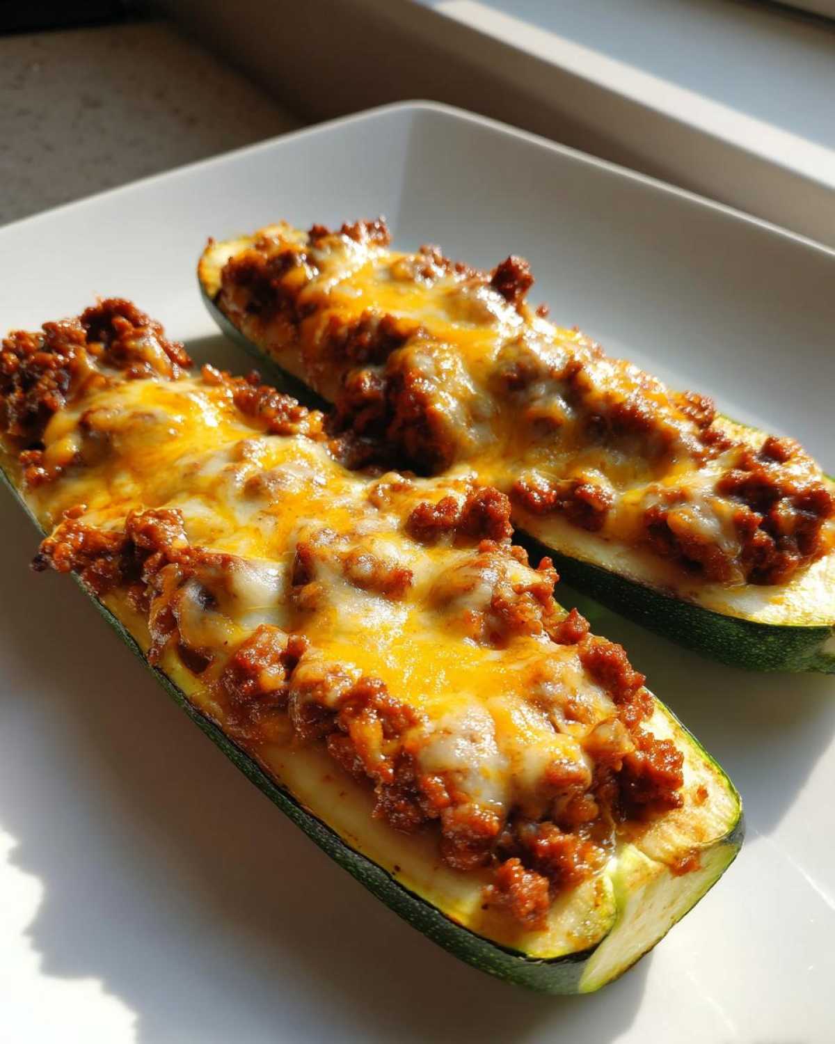 Two halves of Keto Cheesy Taco Stuffed Zucchini Boats filled with seasoned ground meat and melted cheddar cheese.