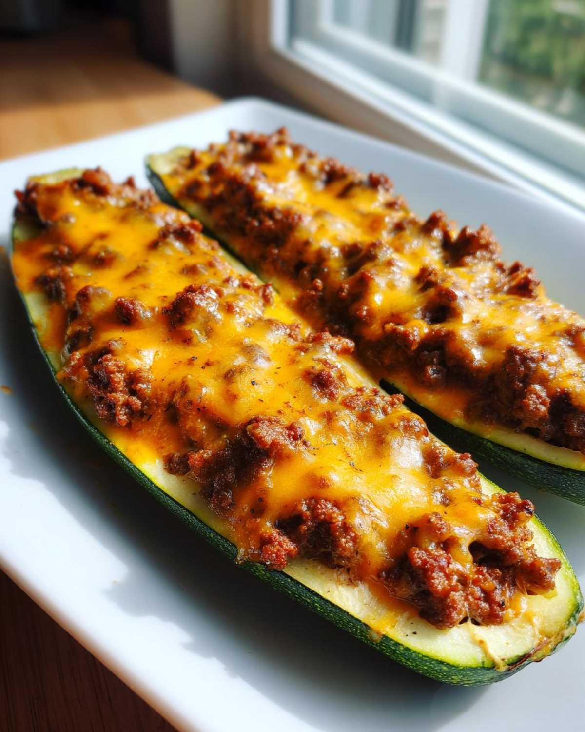 Two halves of Keto Cheesy Taco Stuffed Zucchini Boats filled with seasoned meat and melted cheddar cheese, served on a white plate.