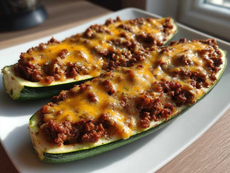 Two halves of zucchini stuffed with seasoned taco meat and topped with melted cheddar cheese, representing Keto Cheesy Taco Stuffed Zucchini Boats.