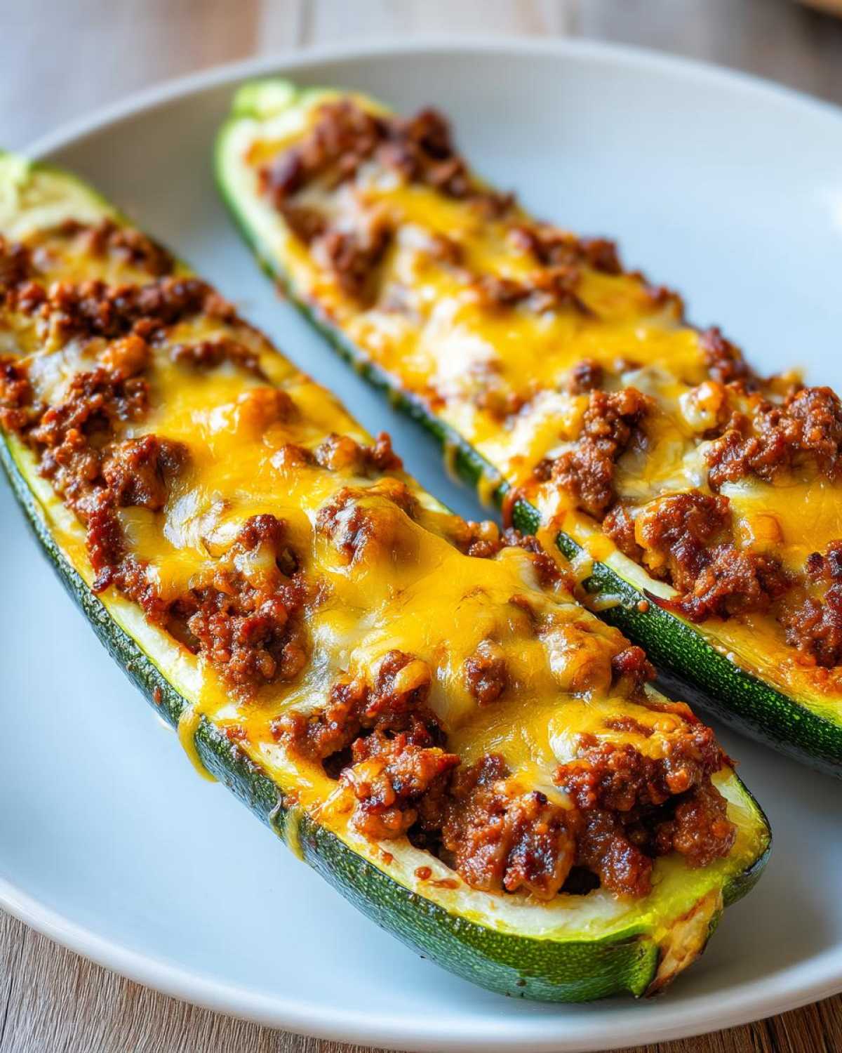 Close-up of two Keto Cheesy Taco Stuffed Zucchini Boats filled with seasoned ground meat and melted cheddar cheese.