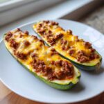 Two halves of Keto Cheesy Taco Stuffed Zucchini Boats filled with seasoned ground meat and melted cheddar cheese.
