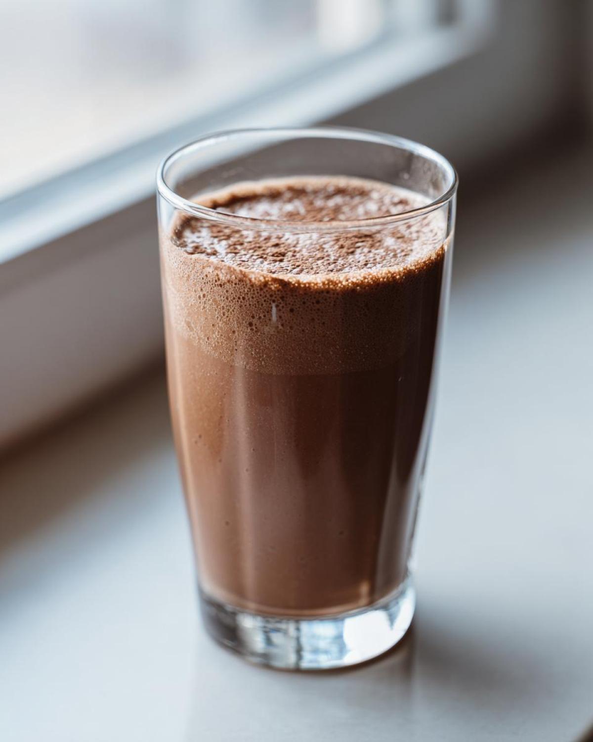 A tall glass filled with a thick, frothy, brown Keto Chocolate Strawberry Smoothie sitting on a windowsill.