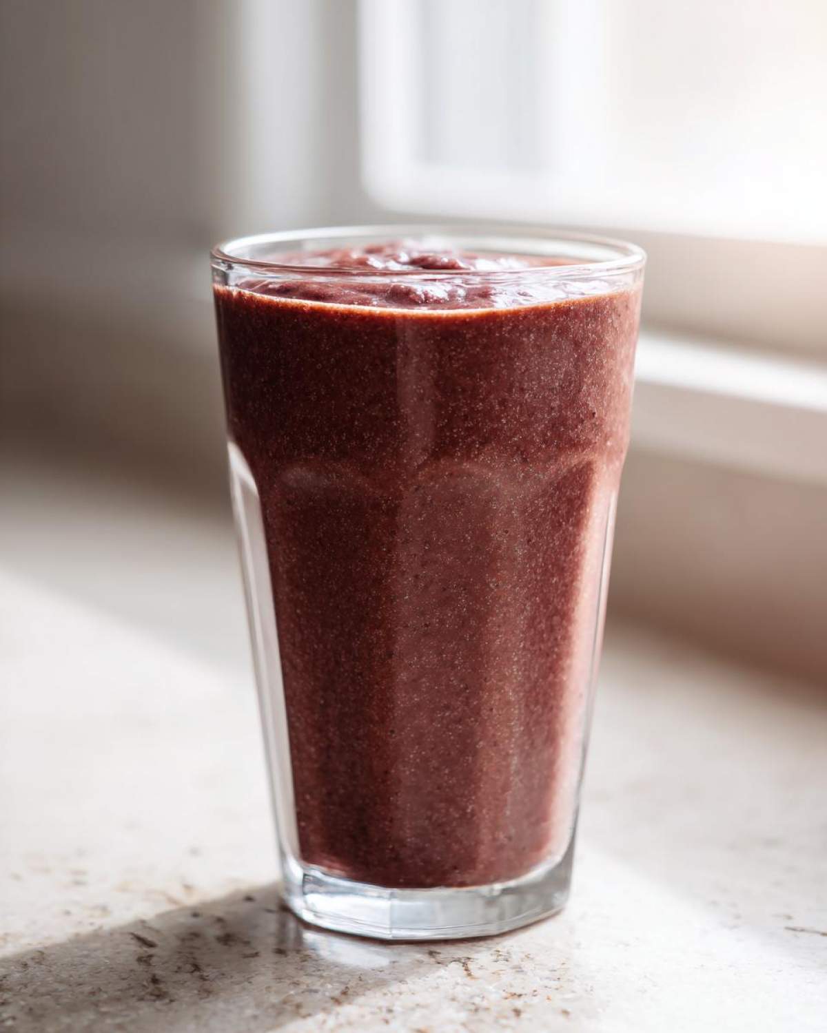 A tall glass filled with a thick, dark reddish-brown Keto Chocolate Strawberry Smoothie, set against a bright window.
