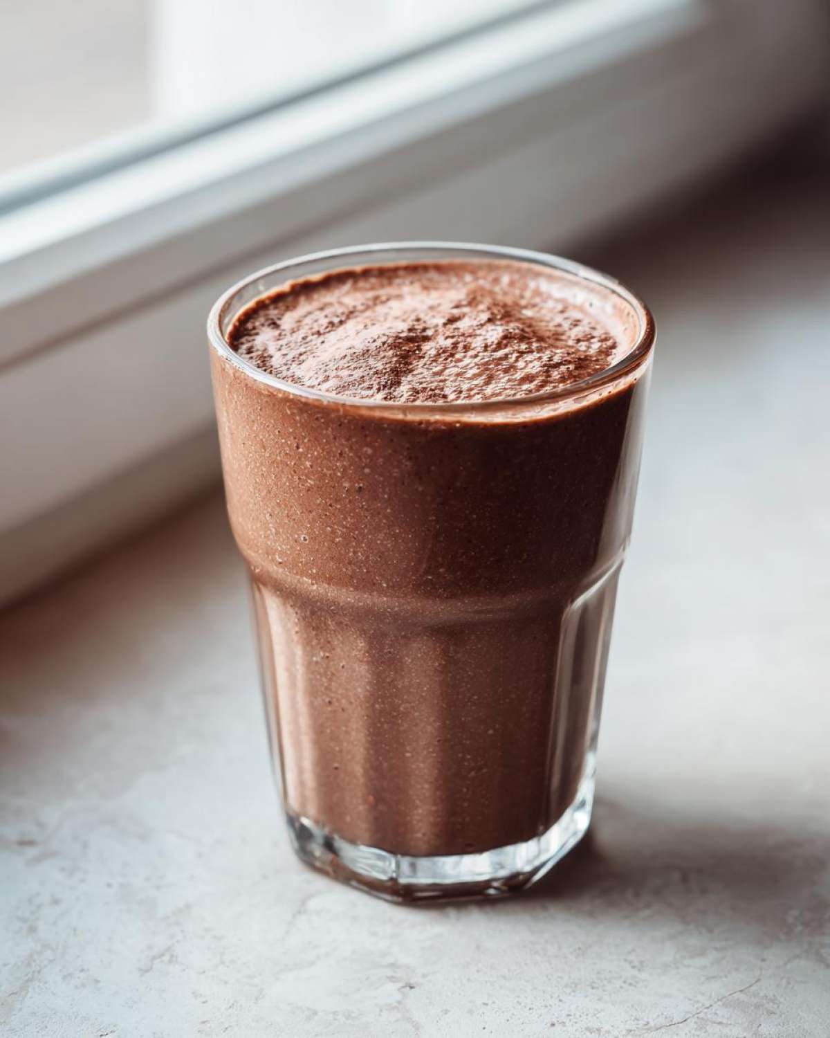 A tall glass filled with a thick, rich brown Keto Chocolate Strawberry Smoothie sitting on a light countertop near a window.