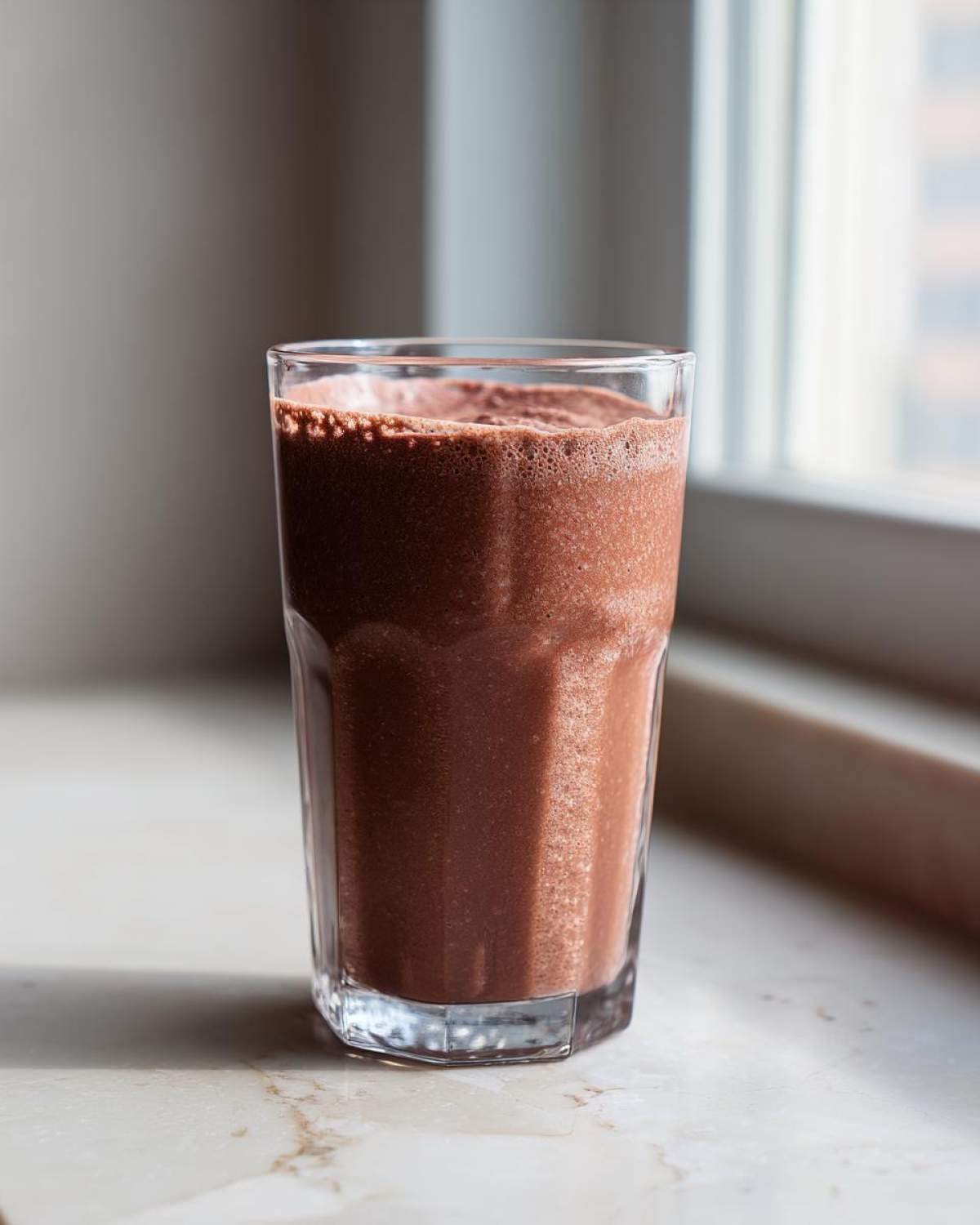 A tall glass filled with a thick, frothy Keto Chocolate Strawberry Smoothie sitting on a marble countertop near a window.