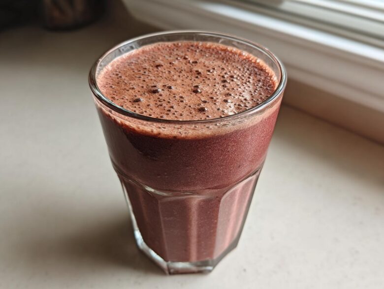 Close-up of a glass filled with a thick, dark red Keto Chocolate Strawberry Smoothie, showing foam on top.
