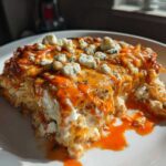 A close-up serving of Keto Creamy Buffalo Chicken Casserole topped with blue cheese crumbles and orange sauce.