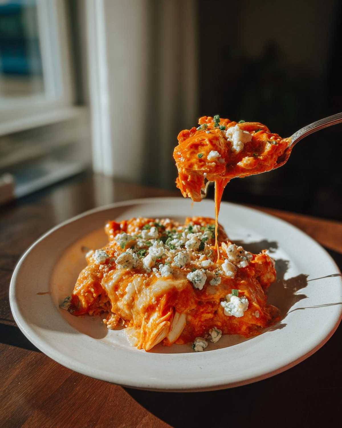 A spoonful of rich Keto Creamy Buffalo Chicken Casserole being lifted from a plate, topped with melted cheese and blue cheese crumbles.