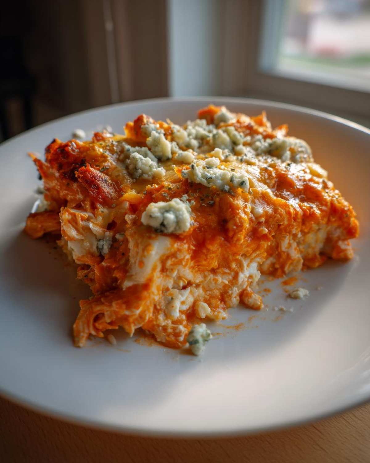 A close-up serving of Keto Creamy Buffalo Chicken Casserole topped with melted cheese and blue cheese crumbles.