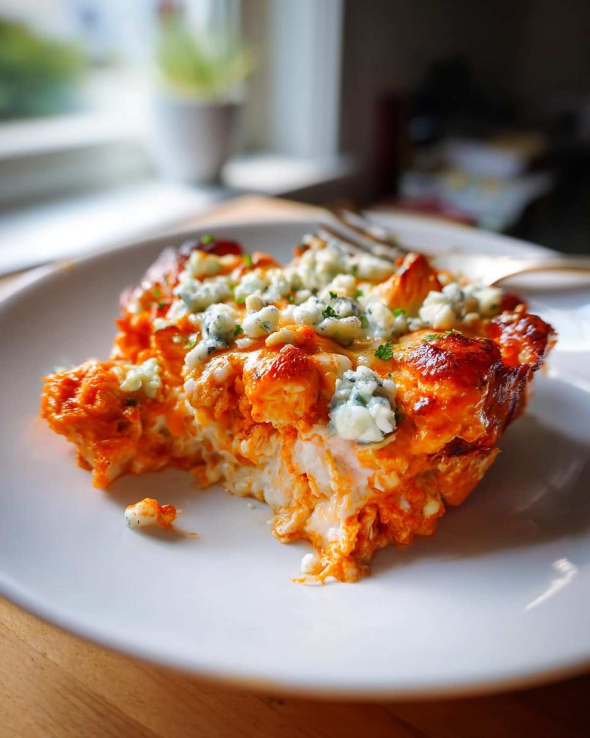A close-up of a serving of Keto Creamy Buffalo Chicken Casserole topped with blue cheese crumbles.