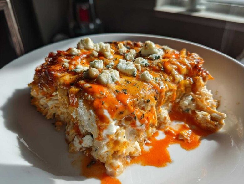 A close-up serving of Keto Creamy Buffalo Chicken Casserole topped with blue cheese crumbles and orange sauce.