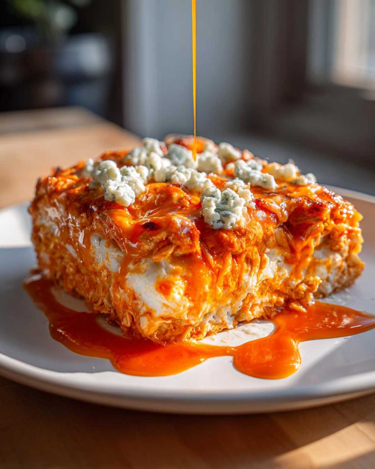 A square slice of Keto Creamy Buffalo Chicken Casserole topped with blue cheese crumbles and extra sauce being drizzled on top.