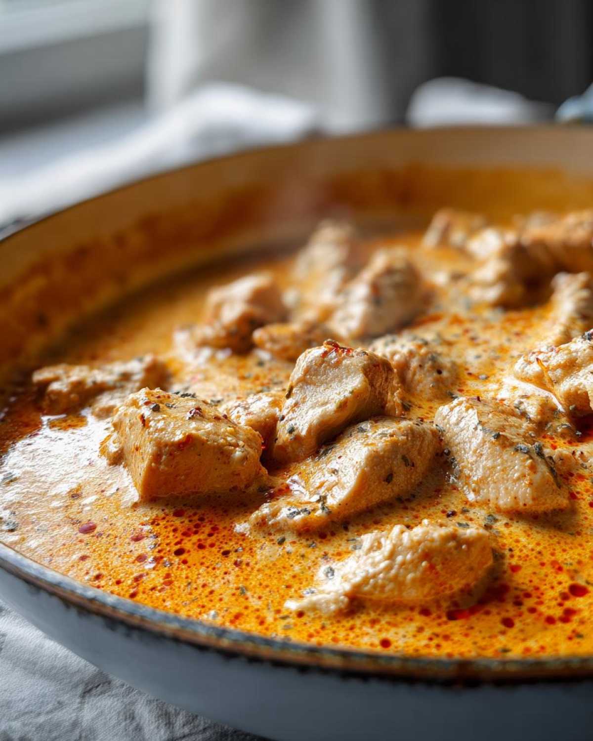 Close-up of tender chicken pieces simmering in a rich, orange, creamy sauce in a skillet, representing Keto Creamy Butter Chicken Skillet.