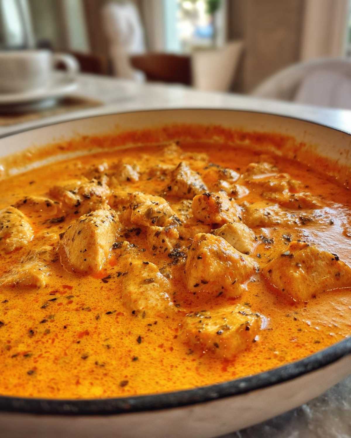 Close-up of tender chicken pieces simmering in a rich, orange sauce in a white skillet, representing Keto Creamy Butter Chicken Skillet.