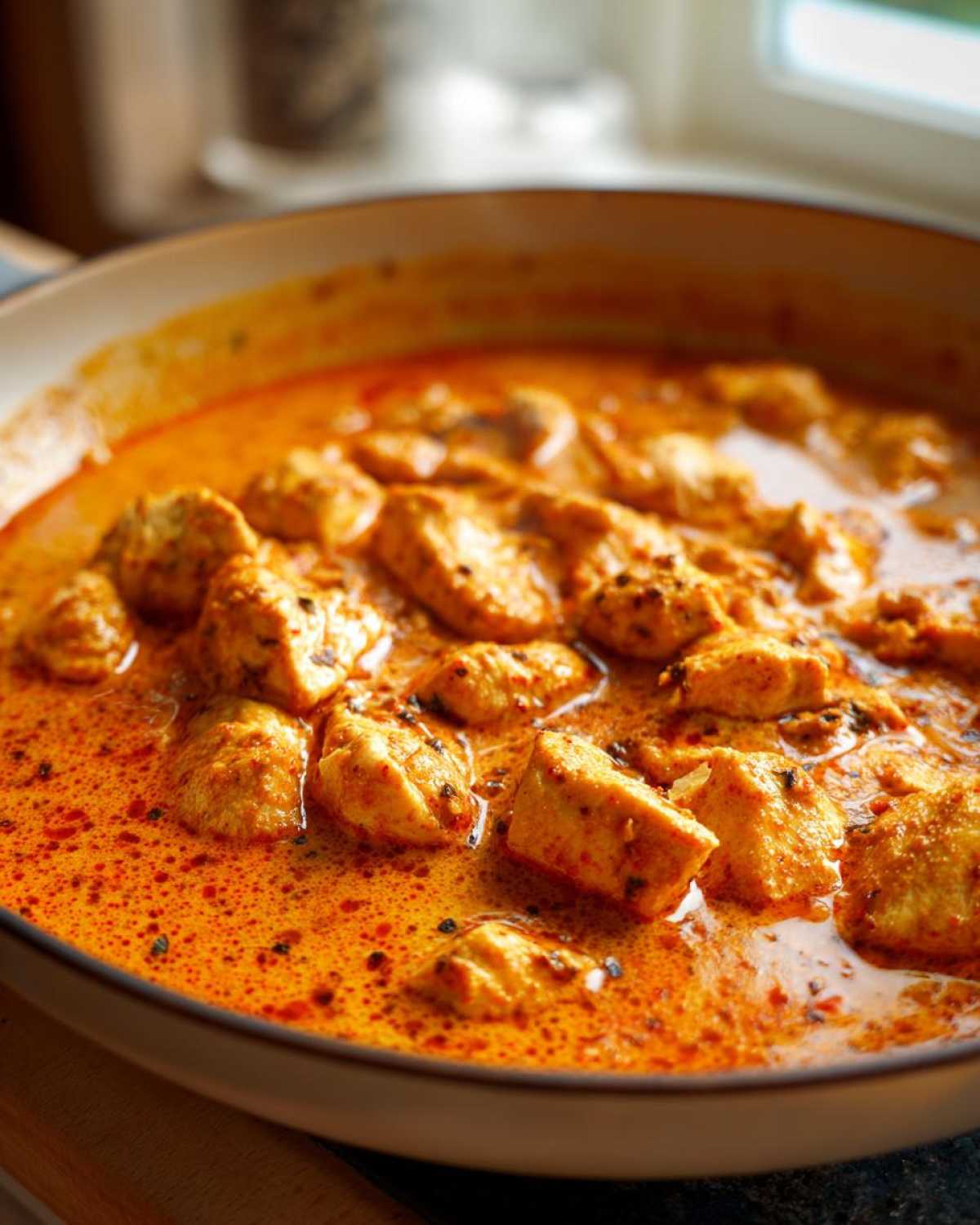 Close-up of Keto Creamy Butter Chicken Skillet simmering in a white skillet with rich orange sauce.