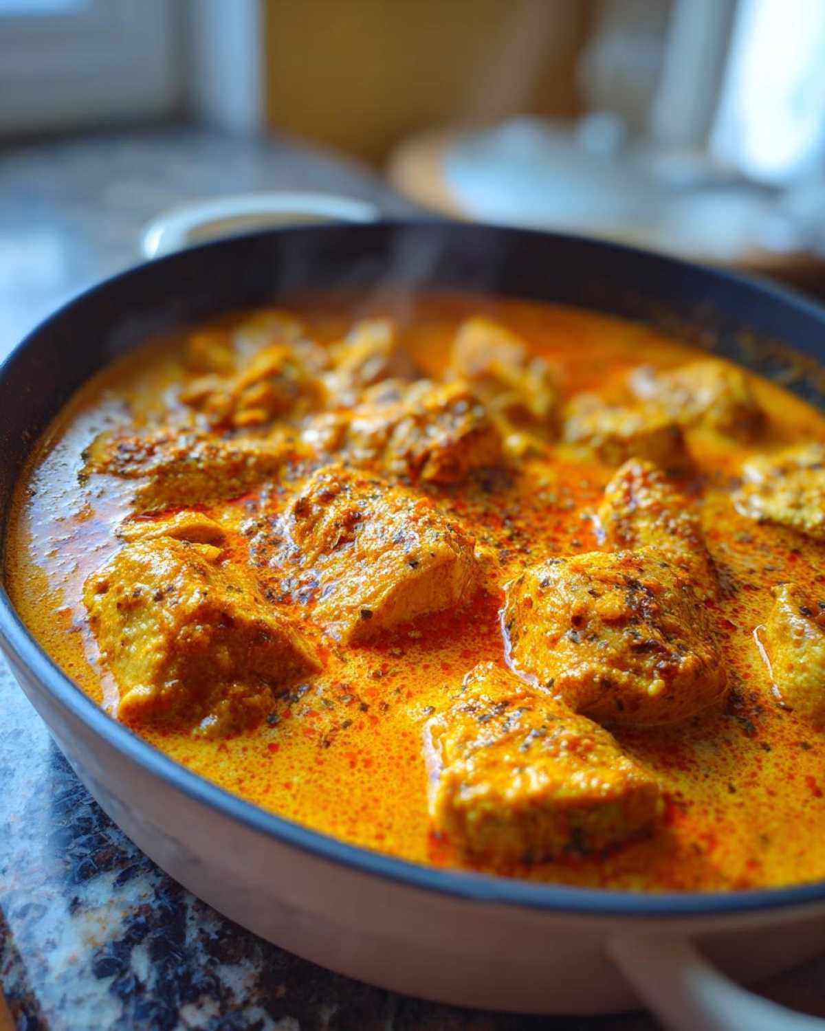 Close-up of chunks of chicken simmering in a rich, orange, creamy sauce in a skillet, representing Keto Creamy Butter Chicken Skillet.