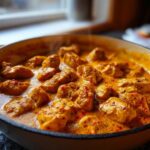 Close-up of Keto Creamy Butter Chicken Skillet, featuring chunks of chicken in a rich, orange, creamy sauce inside a cast iron pan.