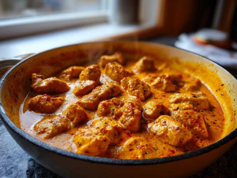 Close-up of Keto Creamy Butter Chicken Skillet, featuring chunks of chicken in a rich, orange, creamy sauce inside a cast iron pan.