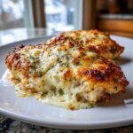 Two servings of Keto Creamy Garlic Parmesan Chicken Bake covered in melted, bubbly cheese and herbs on a white plate.