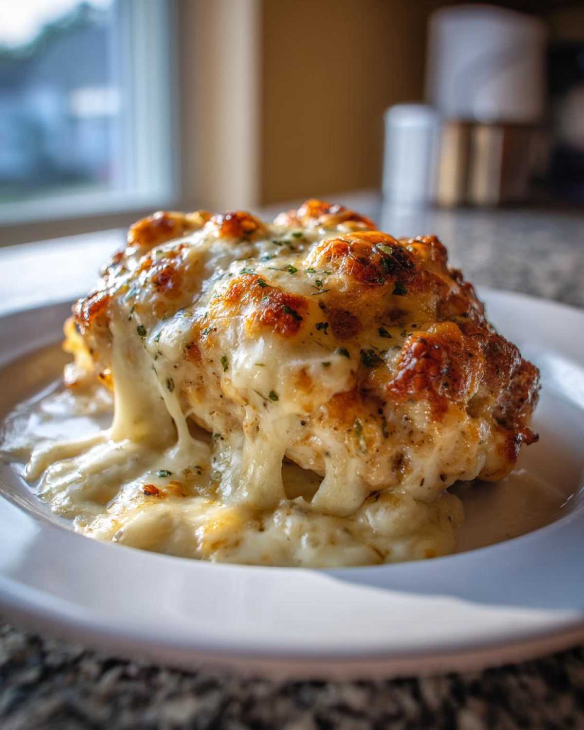 A close-up of a Keto Creamy Garlic Parmesan Chicken Bake with bubbly, melted cheese dripping onto a white plate.