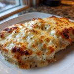 Close-up of Keto Creamy Garlic Parmesan Chicken Bake covered in bubbly, browned mozzarella and parmesan cheese.