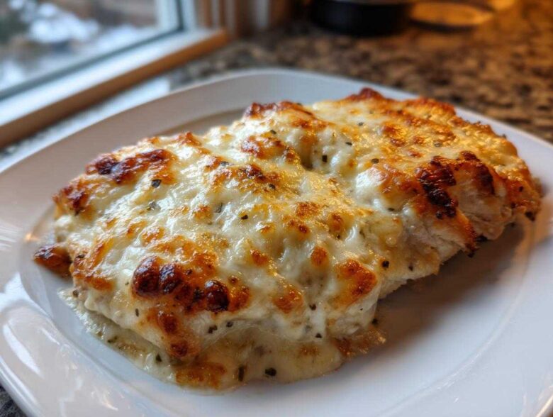 Close-up of Keto Creamy Garlic Parmesan Chicken Bake covered in bubbly, browned mozzarella and parmesan cheese.