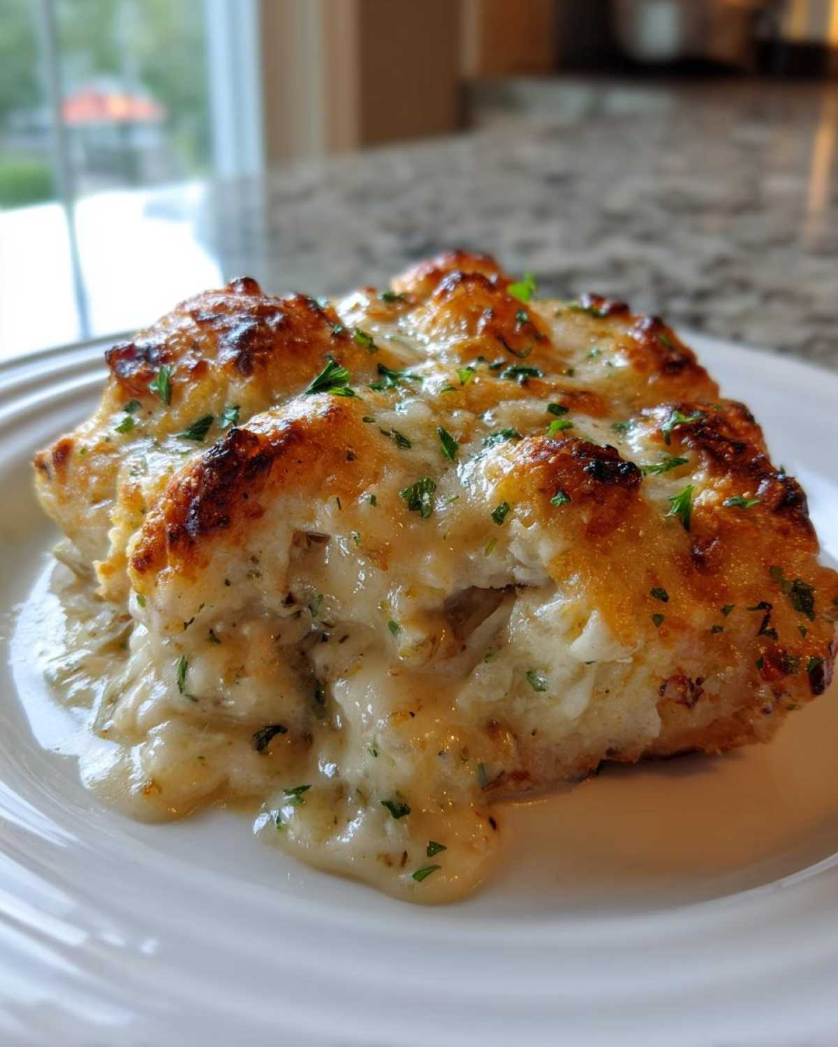 A close-up of a serving of Keto Creamy Garlic Parmesan Chicken Bake, covered in melted, browned cheese and parsley.