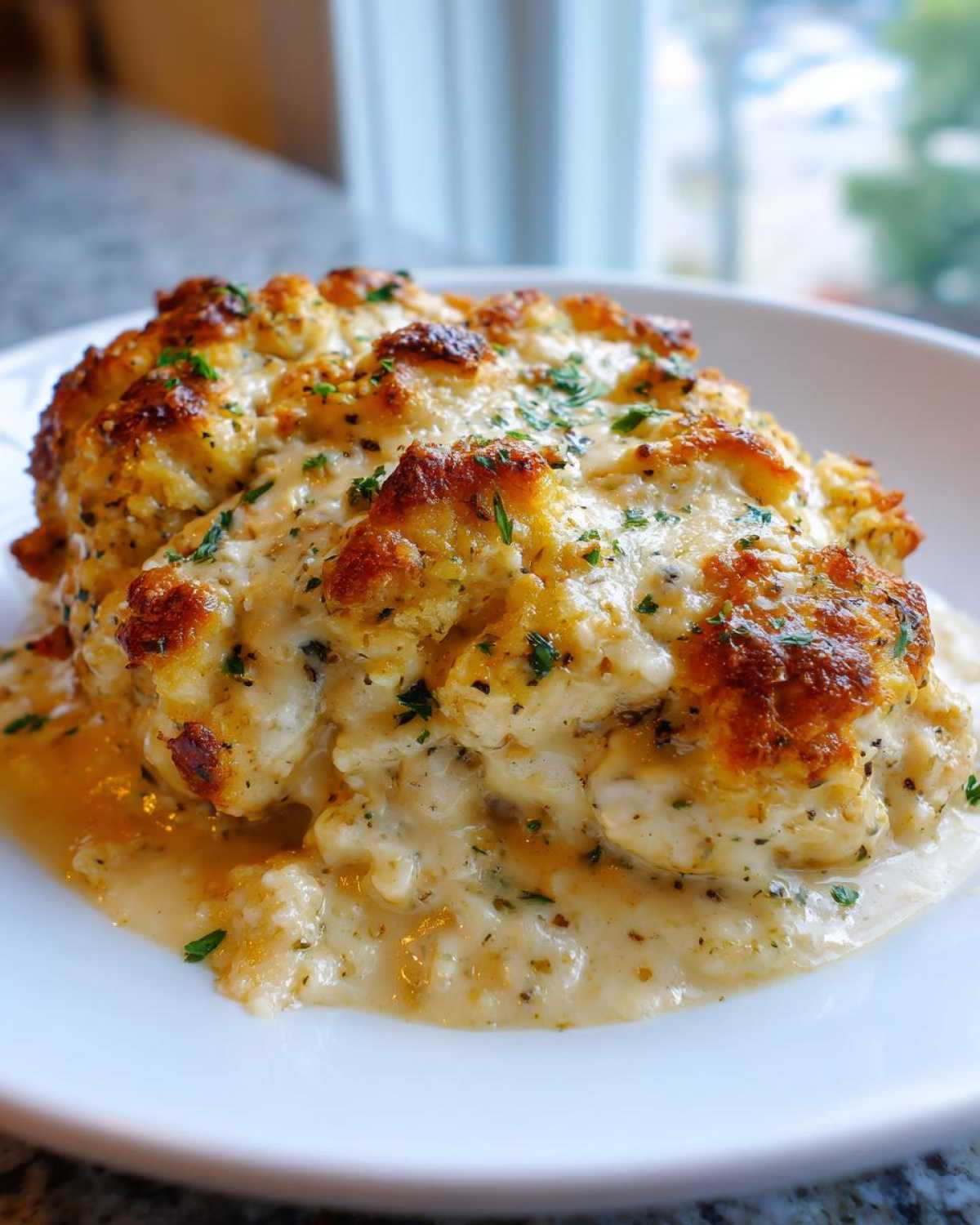 A close-up of a serving of Keto Creamy Garlic Parmesan Chicken Bake, topped with browned cheese and parsley.