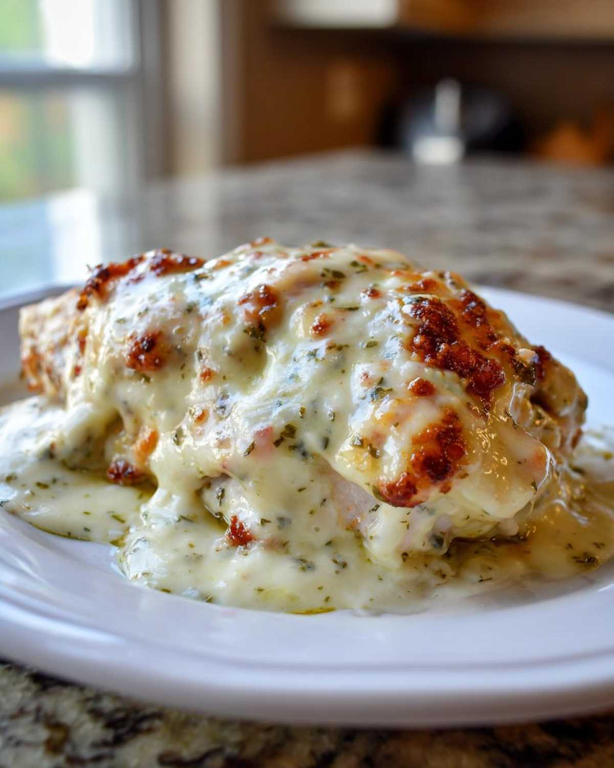 A close-up of a single serving of Keto Creamy Garlic Parmesan Chicken Bake covered in melted, browned cheese and sauce.