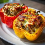 Two Keto Creamy Italian Sausage Stuffed Peppers, one yellow and one red, served on a white plate with a cheesy, browned top.