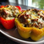 Two Keto Creamy Italian Sausage Stuffed Peppers, one red and one yellow, topped with melted cheese, served on a white dish.