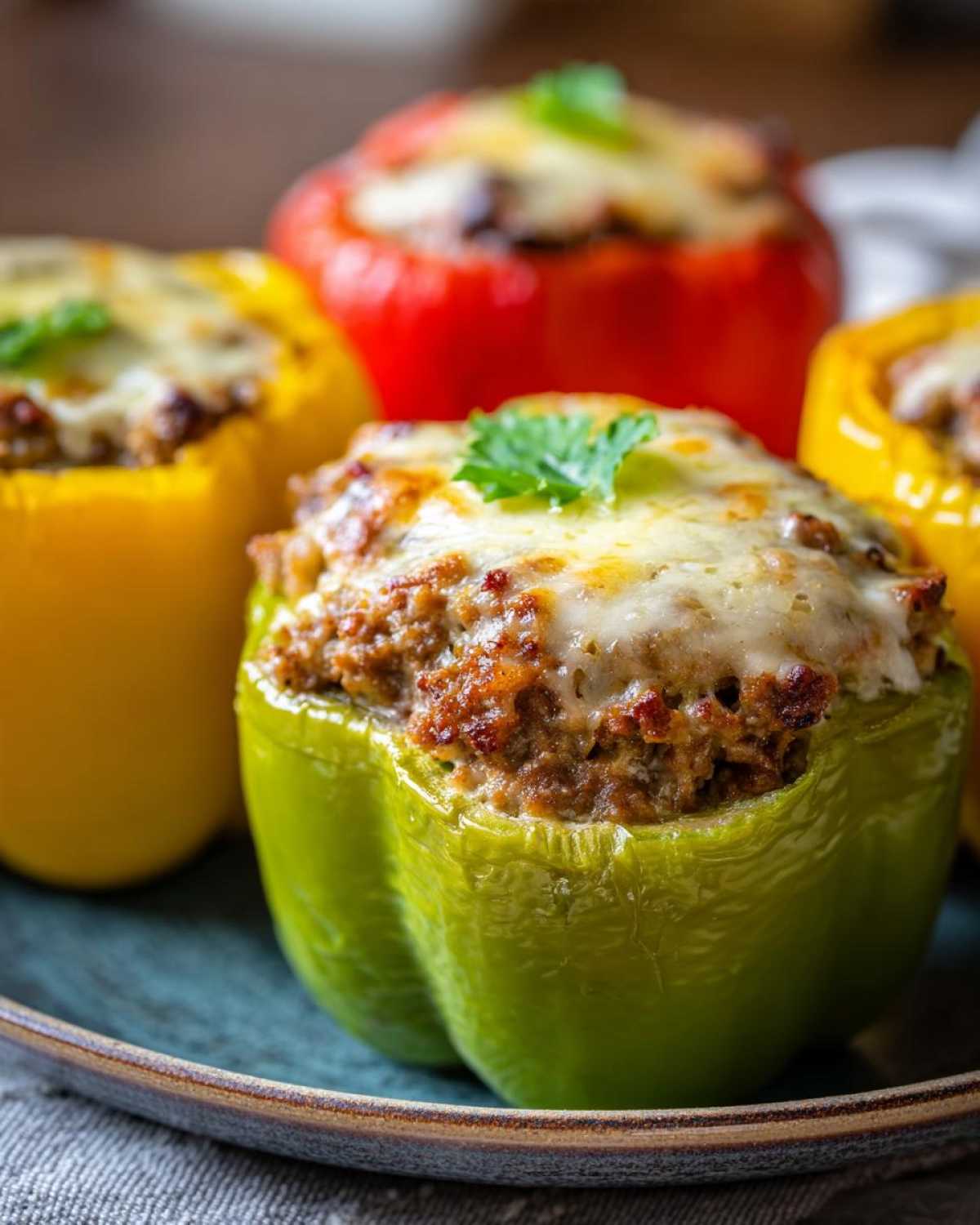 Close-up of a vibrant green Keto Creamy Italian Sausage Stuffed Pepper topped with melted cheese and parsley.