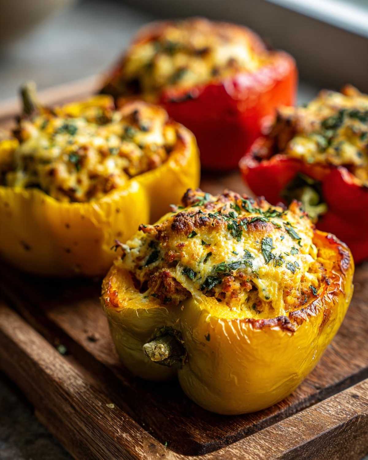 Four baked Keto Creamy Italian Sausage Stuffed Peppers, featuring yellow and red bell peppers topped with melted cheese and herbs.